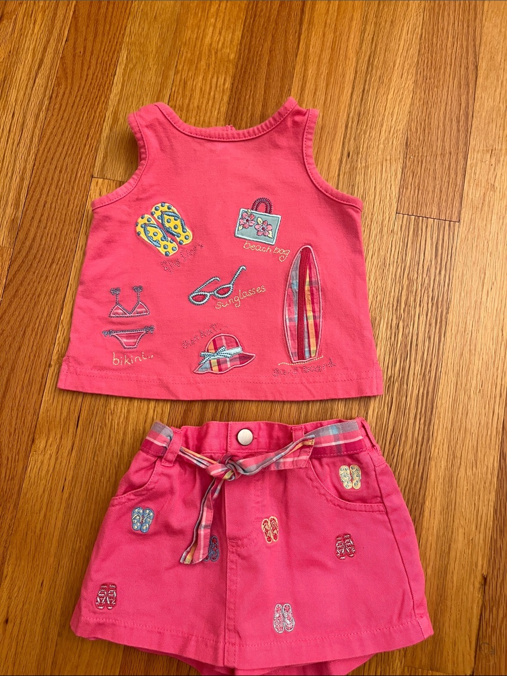 Girls Pink Embroidered Flip-Flop Skort set with Plaid Tie